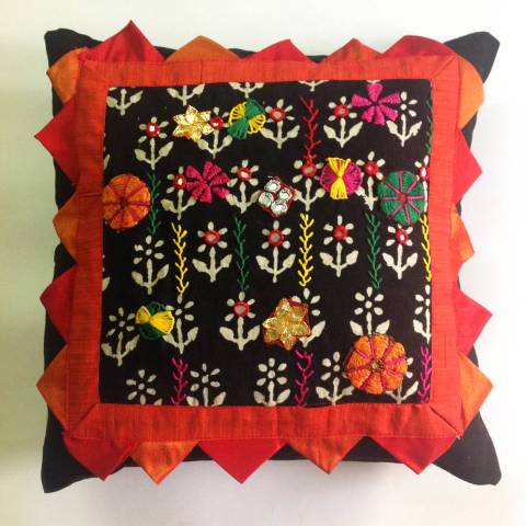 Cotton pillow covers - Hand embroidery pillow cover - Black, green and orange cotton and silk fabric