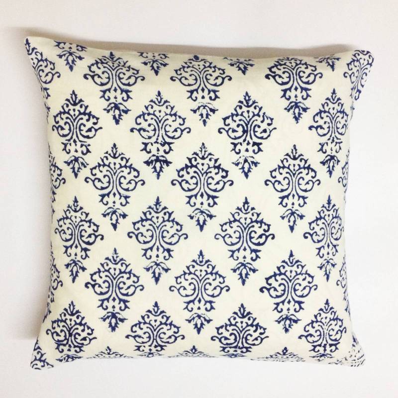 Blue and white damask print cotton pillow cover